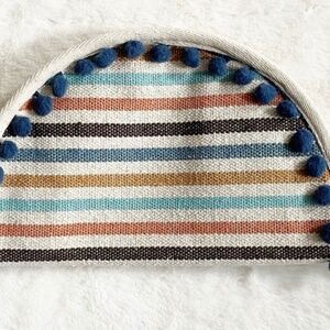 New Half Moon Clutch Pouch Wristlet Lightweight Woven Canvas Striped Blue Poms